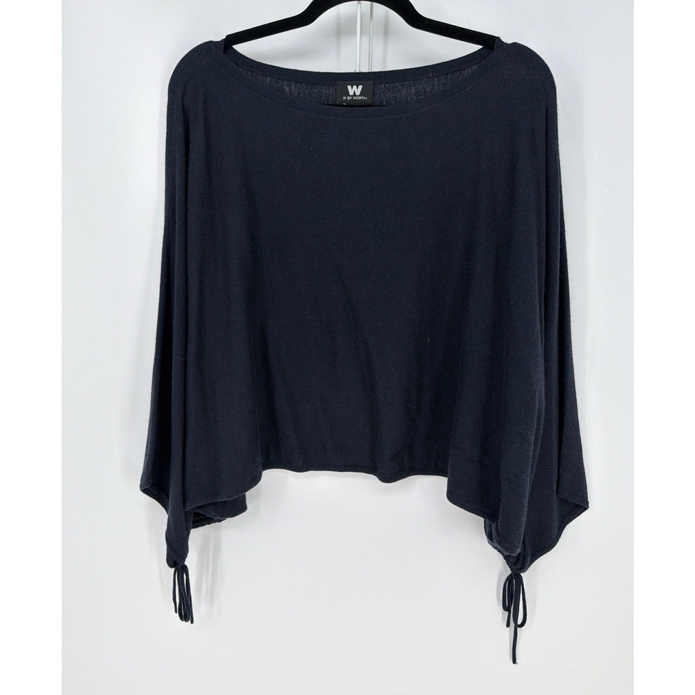 W By Worth Sweater Womens M/L Navy Blue Dolman Sleeve Ruched Tie Boat Neck Boxy